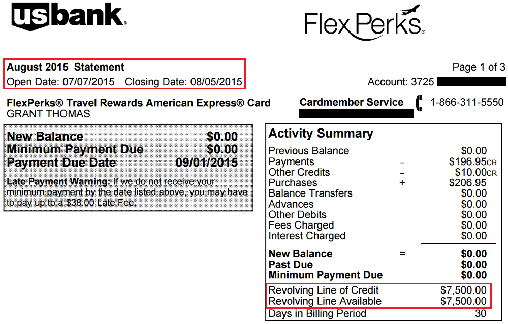 US Bank FlexPerks AMEX August Statement $7500 Credit Line