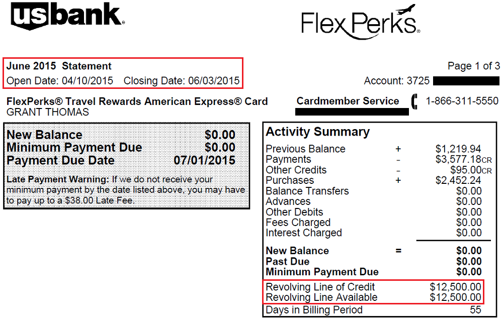 US Bank FlexPerks AMEX June Statement $12500 Credit Line