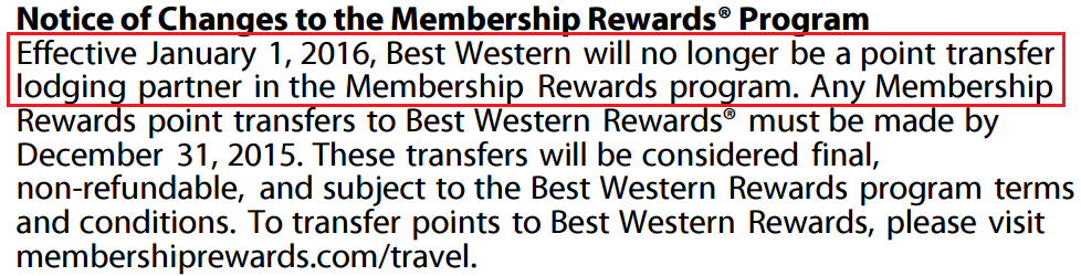 AMEX Membership Reward Change Best Western