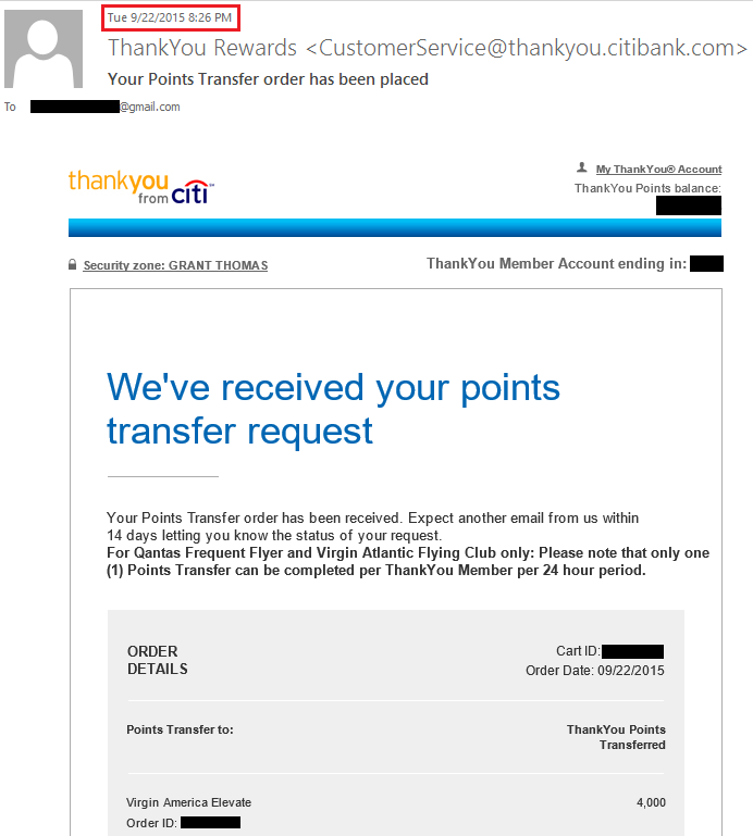Confirmation Email Citi Thank You Points Transfer to Virgin America