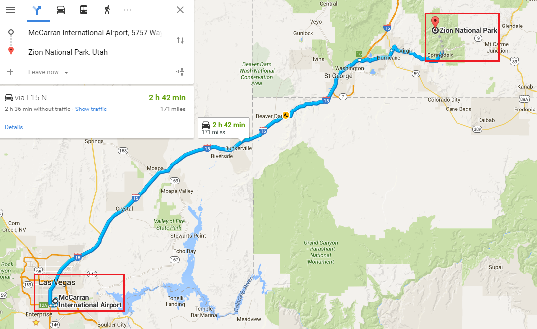 Las Vegas Airport to Zion National Park Google Map