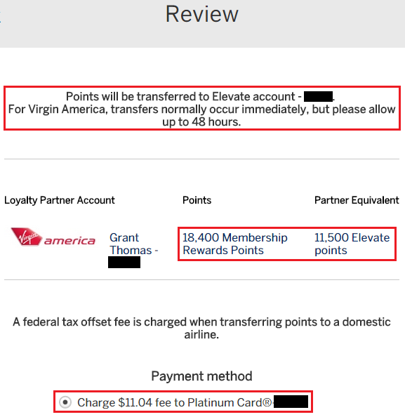 Pay Fee to Transfer AMEX Membership Reward Points to Virgin America