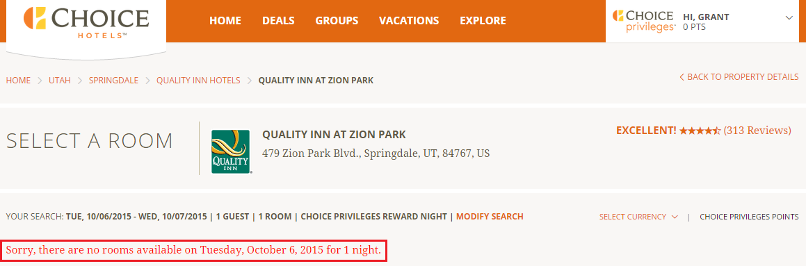 Quality Inn Choice Hotels Springdale Utah Zion No Reward Nights Available