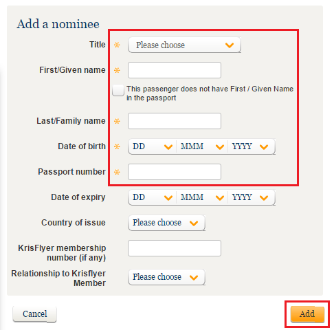Singapore Airlines Add Redemption Nominee Form