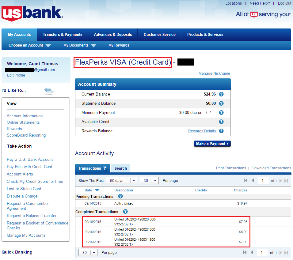 US Bank FlexPerks United Airline Charges
