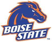 a blue and orange horse head logo with Boise State University in the background