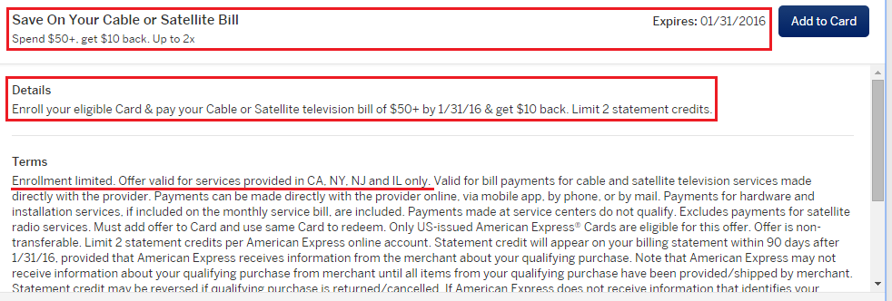 Cable Satellite Bill Savings AMEX Offer
