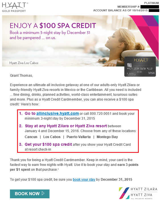 Hyatt $100 Spa Credit
