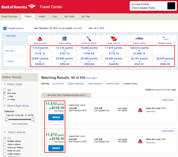 bank of america travel points calculator
