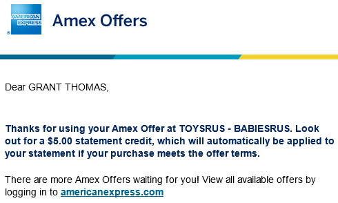 Toys R Us AMEX Offer Success Email