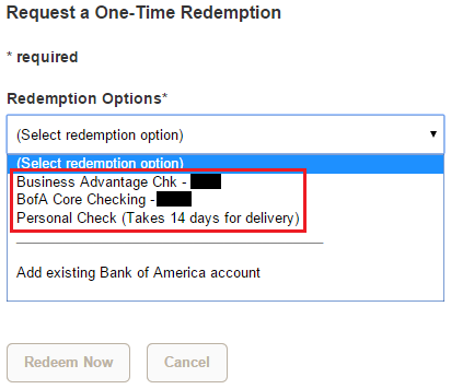 Bank of America Redeem for Cash Checking Accounts
