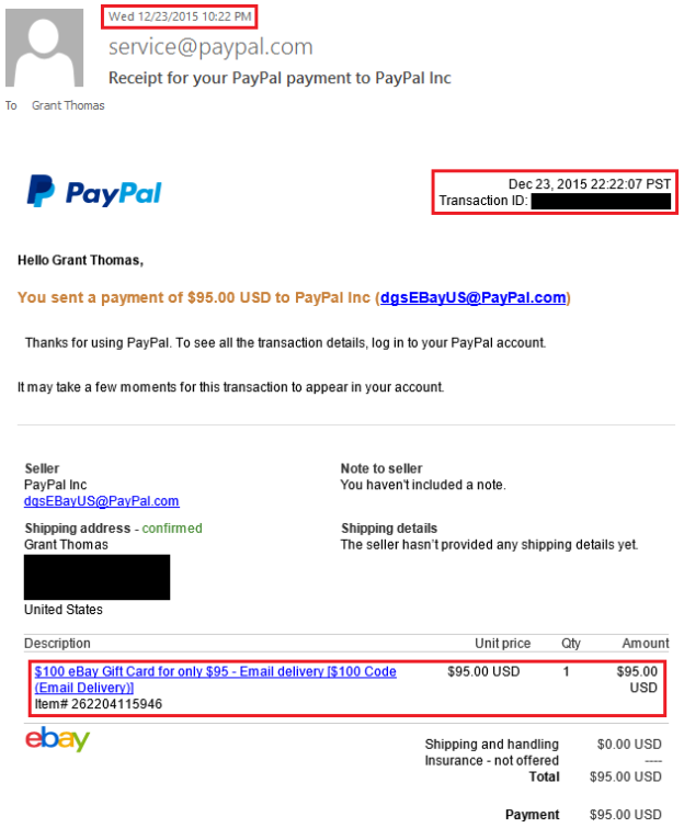 PayPal Receipt 100 EBay GC 1 Travel With Grant