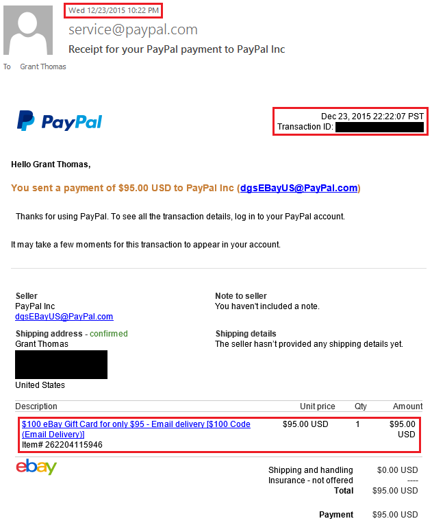 PayPal Receipt $100 eBay GC 1