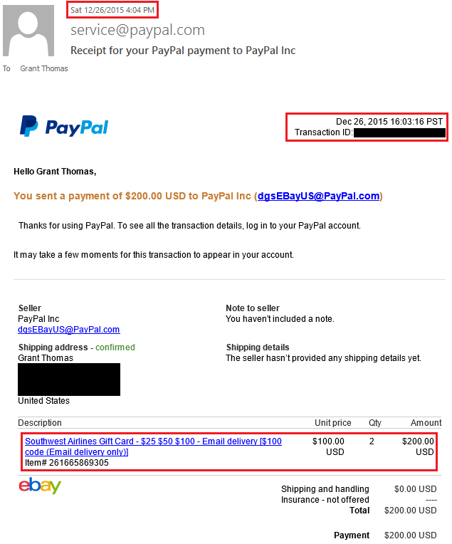 PayPal Receipt $200 SWA GC