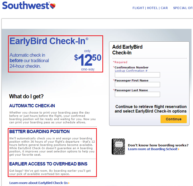 Southwest Airlines EarlyBird Check-In