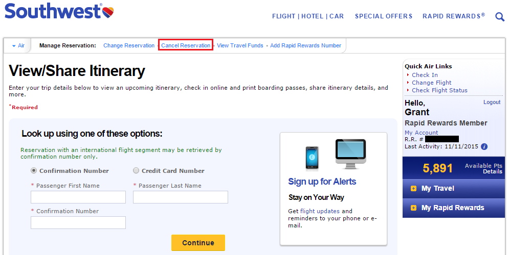 Southwest Airlines View Share Itinerary