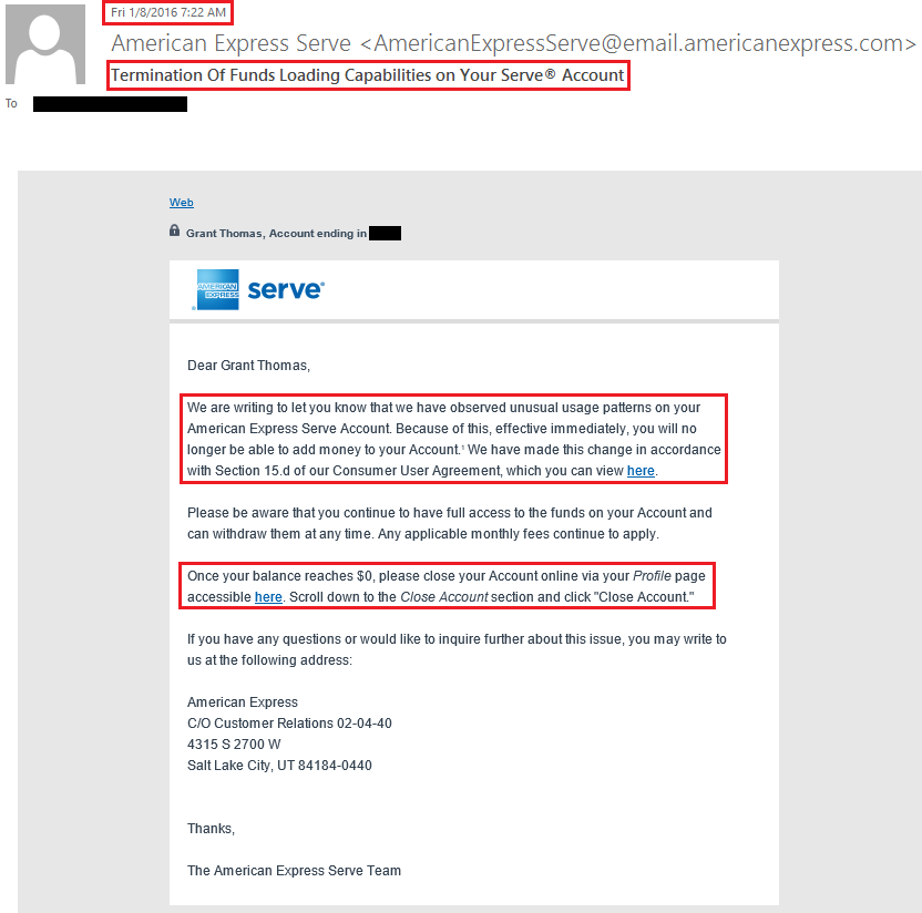 AMEX Serve Termination Email