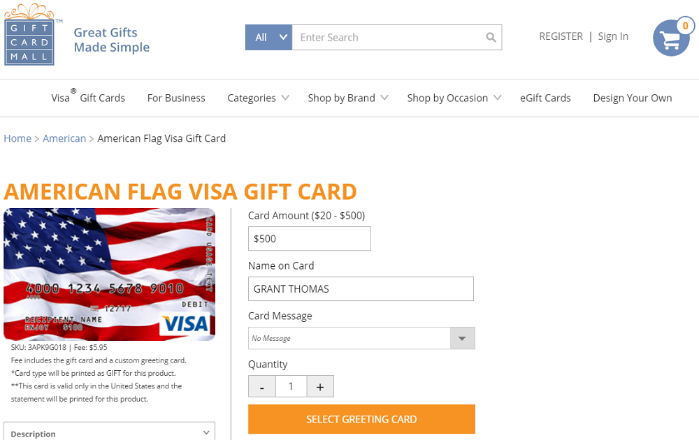 Gift Card Mall $500 American Flag VGC