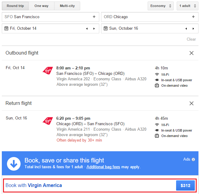 SFO-ORD RT Google Flights $312