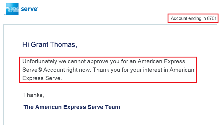 AMEX Serve Denial Account Opening Email