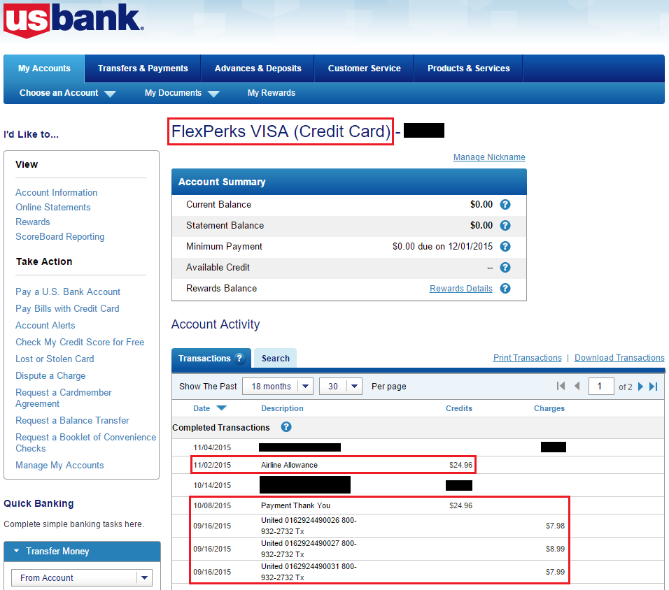 US Bank FlexPerks Visa Charges Credits