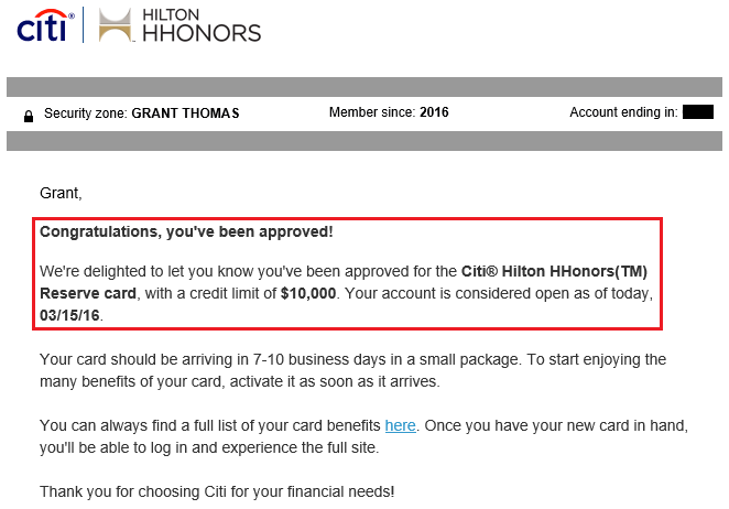 Citi Hilton Reserve Approval Email