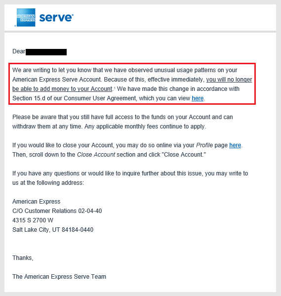 New Serve Account Shutdown Email