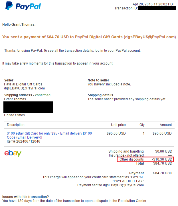 Redeem eBay Bucks PayPal Confirmation