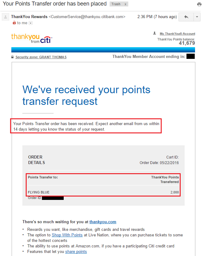 Citi Thank You Points Transfer of KLM Flying Blue Miles