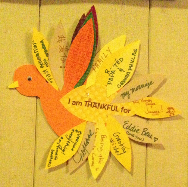 a paper turkey with writing on it
