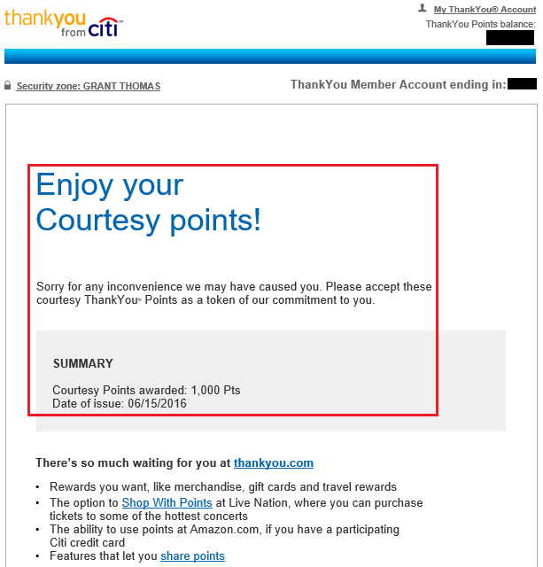 1,000 Courtesy Citi Thank You Points Email
