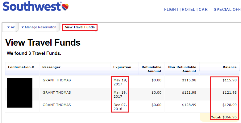 $366.95 SWA Travel Funds Cancelations 6-4-2016