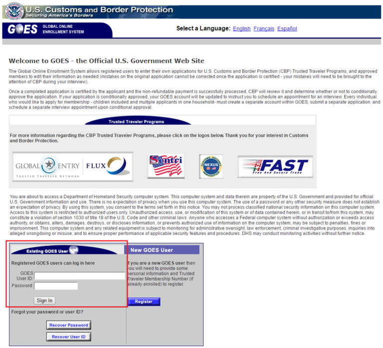 global entry login update new passport