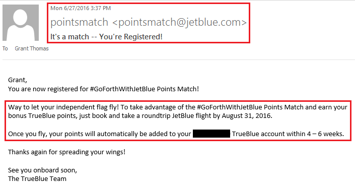 JetBlue Points Match Confirmation Email