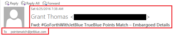 JetBlue Points Match Email Sent