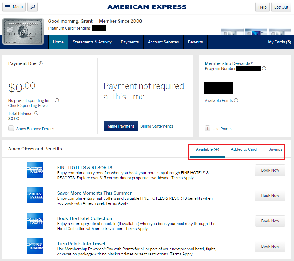 Only 4 AMEX Offers Showing on AMEX Platinum Charge Card