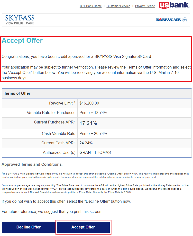 US Bank Korean Air Credit Card Approval Message