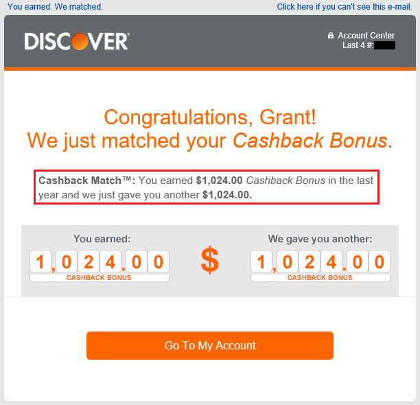 Discover Cash Back Matched Email