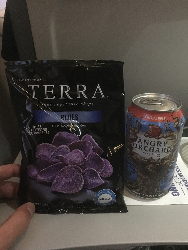 JetBlue Blue Potato Chips and Angry Orchard Beer