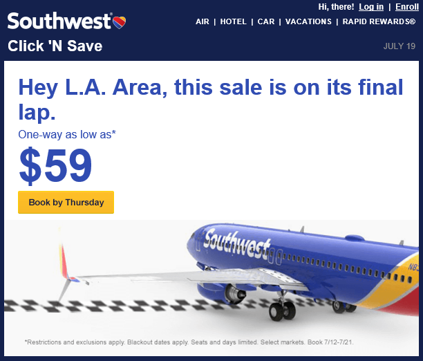 Southwest Airlines Promo Email 7-20-2016