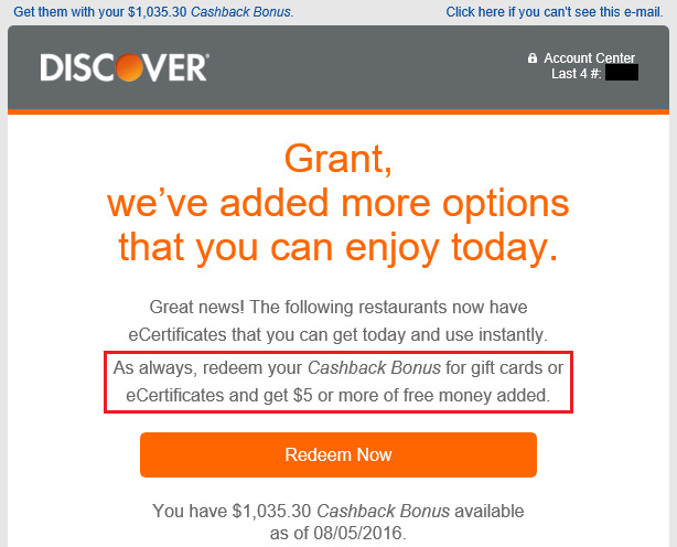 Discover Email Redeem Cash Back eGift Card Instantly