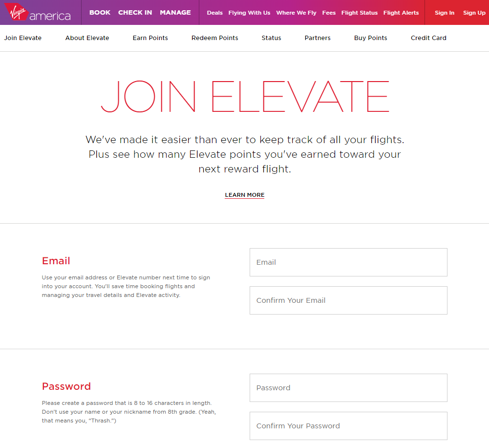 Virgin America Create Elevate Account