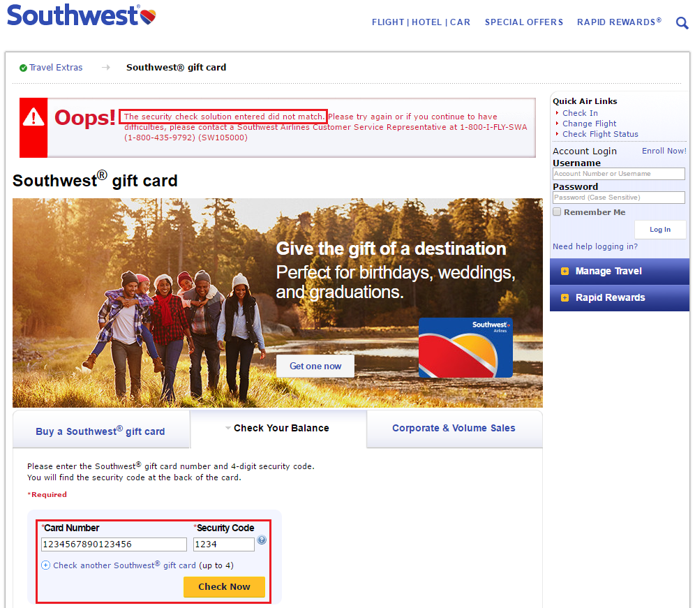 Southwest Airlines Gift Card Balance Checker Broken - Here is the Fix