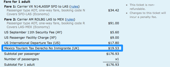 Screenshot from ITA Matrix showing the Mexico tourism tax