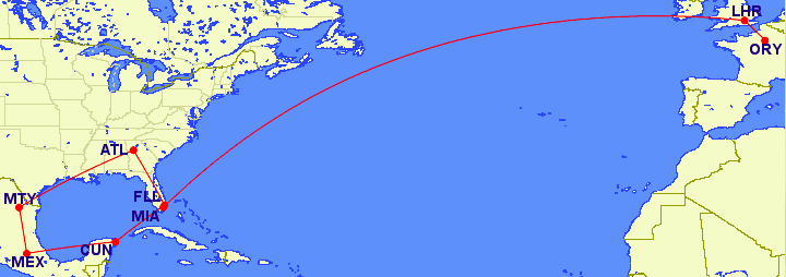 Our flight routing, courtesy of GreatCircleMapper.