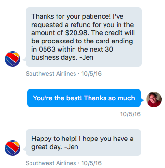 Quick refund processing from @SouthwestAir on Twitter.