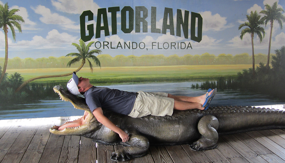 Grant on an alligator at Gatorland (Orlando, Florida)