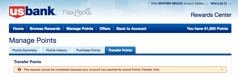 US Bank FlexPerks point transfer limit