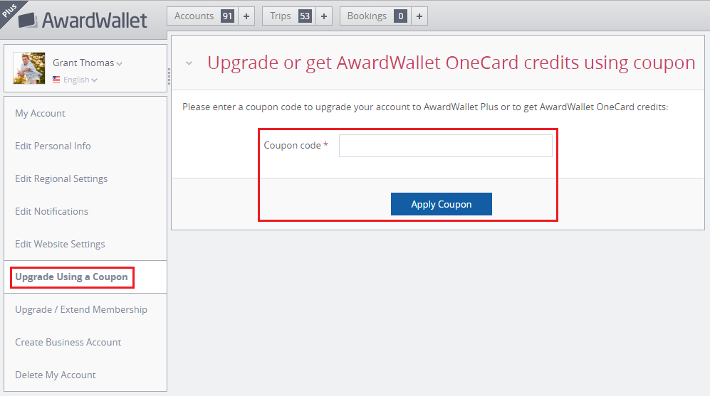 Upgrade Award Wallet to Award Wallet Plus with Code