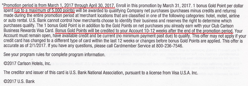 Carlson Business Credit Card Targeted Offer March 2017 Disclaimer